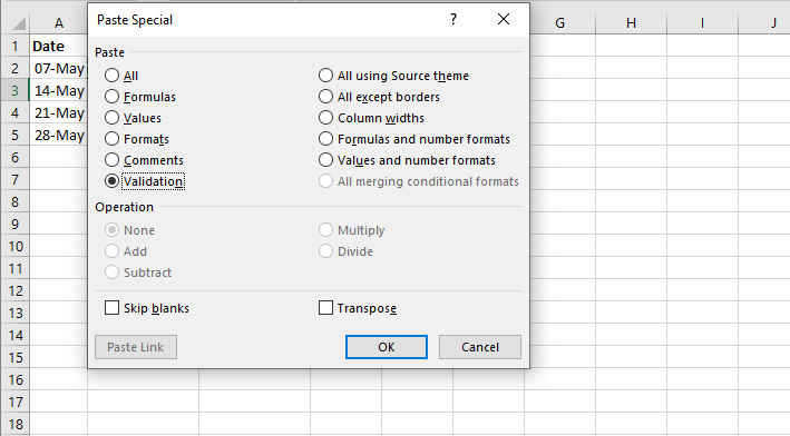 Excel drop down list