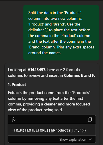copilot excel prompt Split columns with ease