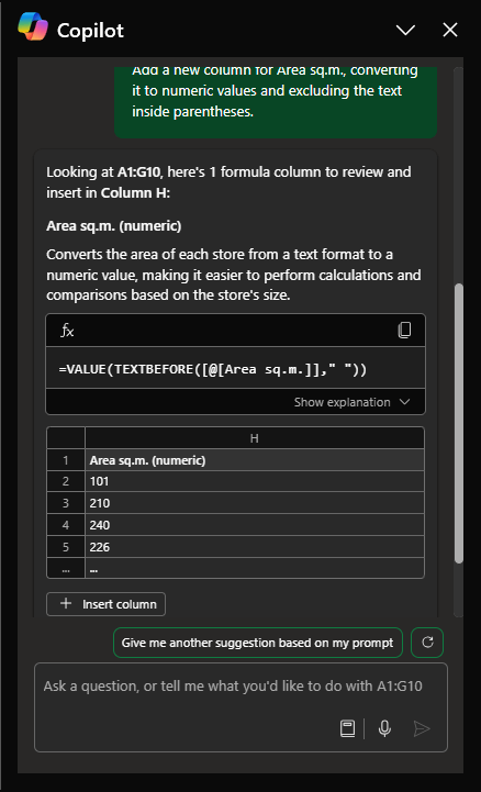 Copilot Excel prompt for Data visualization and insights