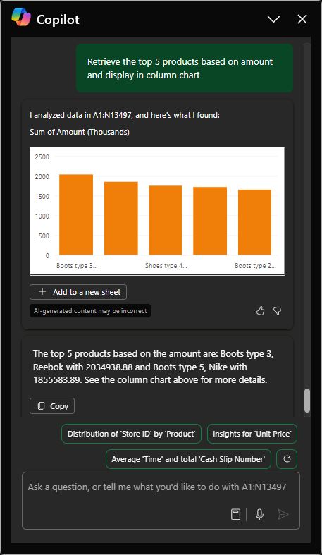 Copilot Excel prompt for Data visualization and insights